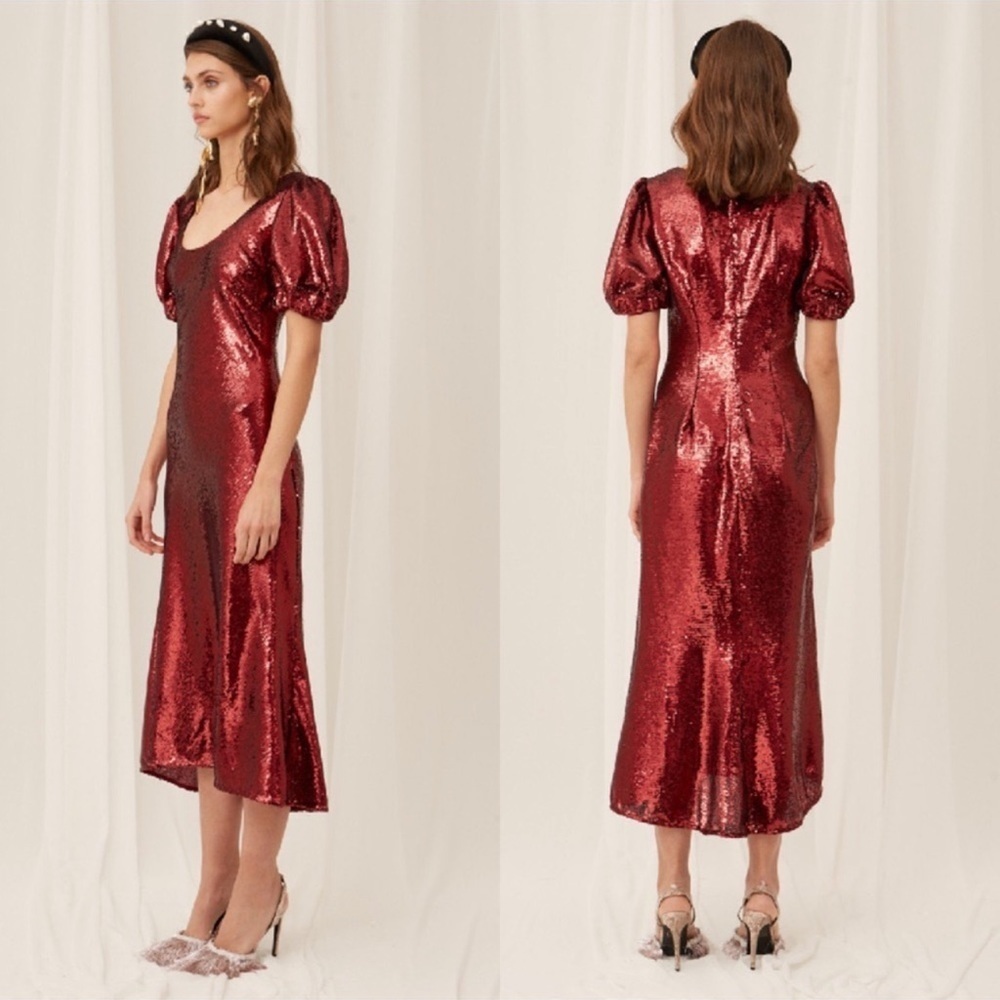 KEEPSAKE THE LABEL Farewell Sequined Puff Sleeve Midi Dress, Red, Size 00, NWT!